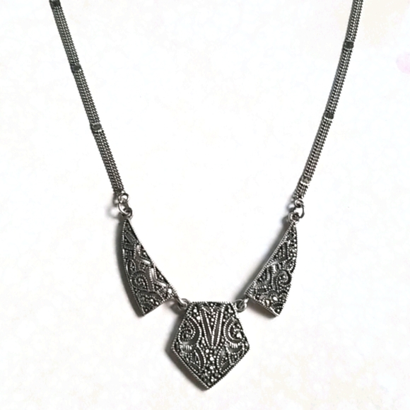 Vintage Art Deco 1920s Marcasite Sterling Silver Pendant Necklace - Picture 6 of 16